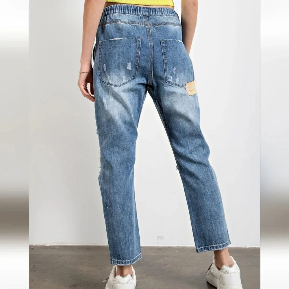 New! Easel Patchwork Distressed Washed Denim Pants - Picture 5 of 5